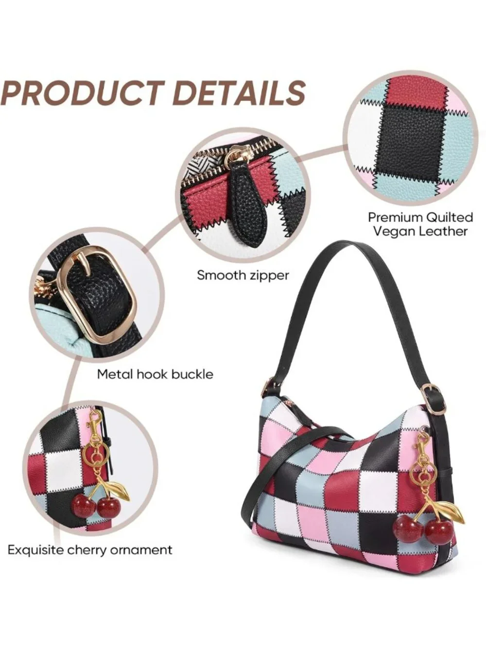 Cute Checkered Vegan Leather Hobo Bag for Women - Stylish Cherry Shoulder Purse